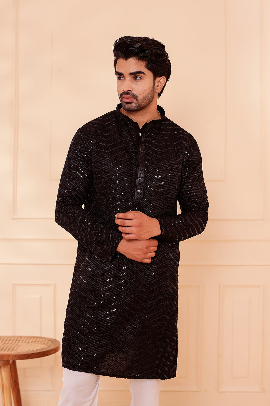 Black Soft Georgette Kurta Suit with Self Thread and Sequin work all over.