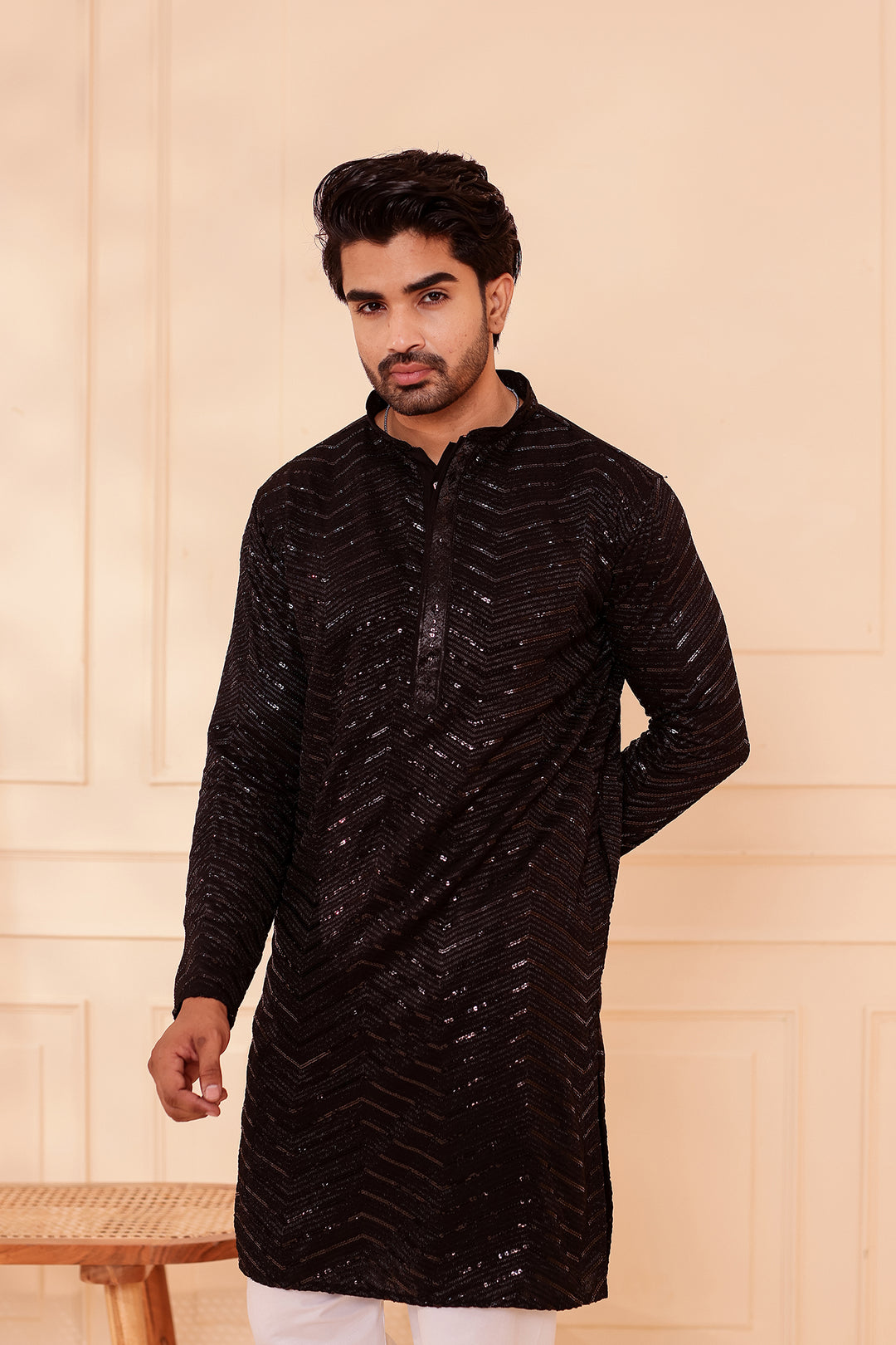 Black Soft Georgette Kurta Suit with Self Thread and Sequin work all over.
