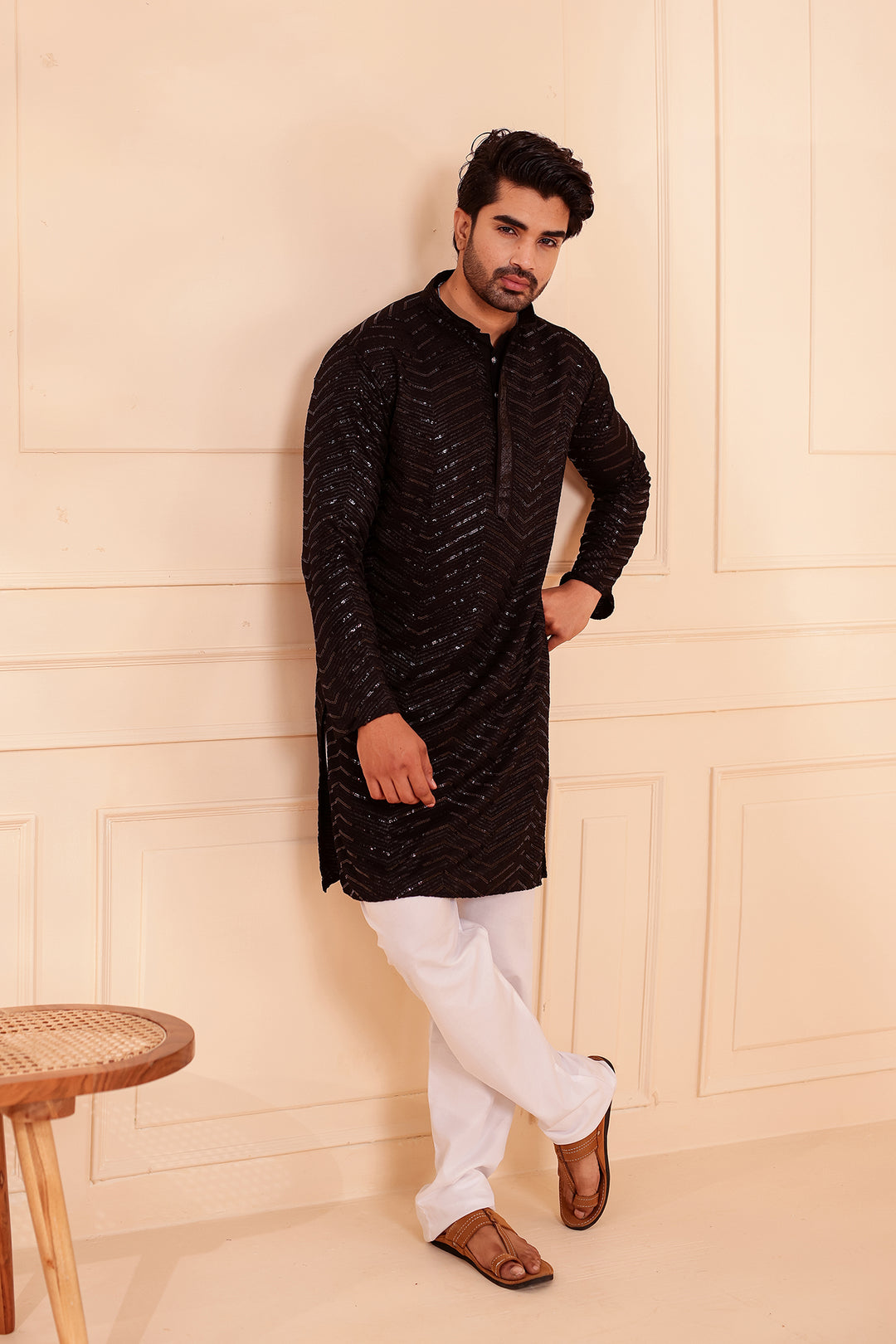 Black Soft Georgette Kurta Suit with Self Thread and Sequin work all over.