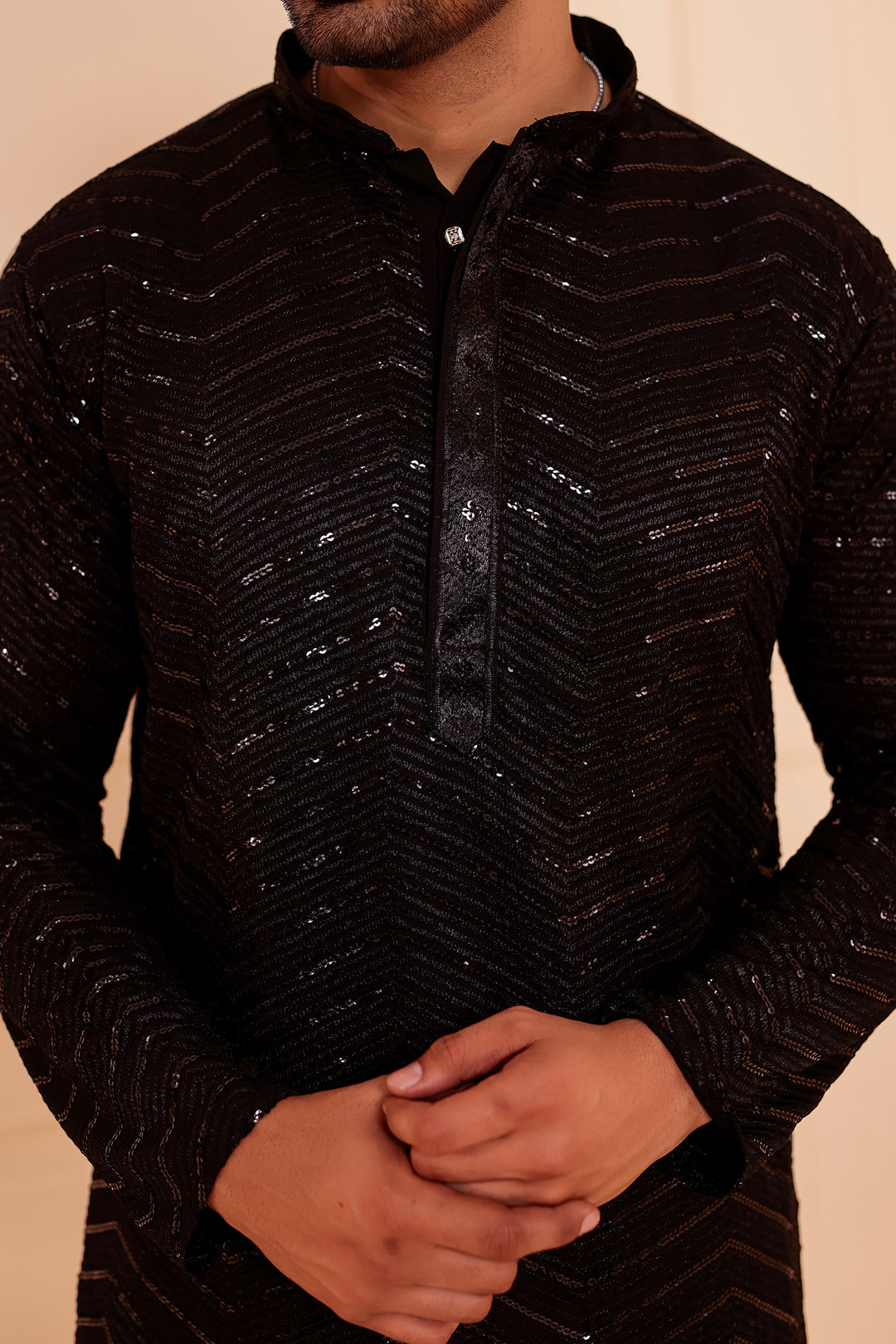 Black Soft Georgette Kurta Suit with Self Thread and Sequin work all over.