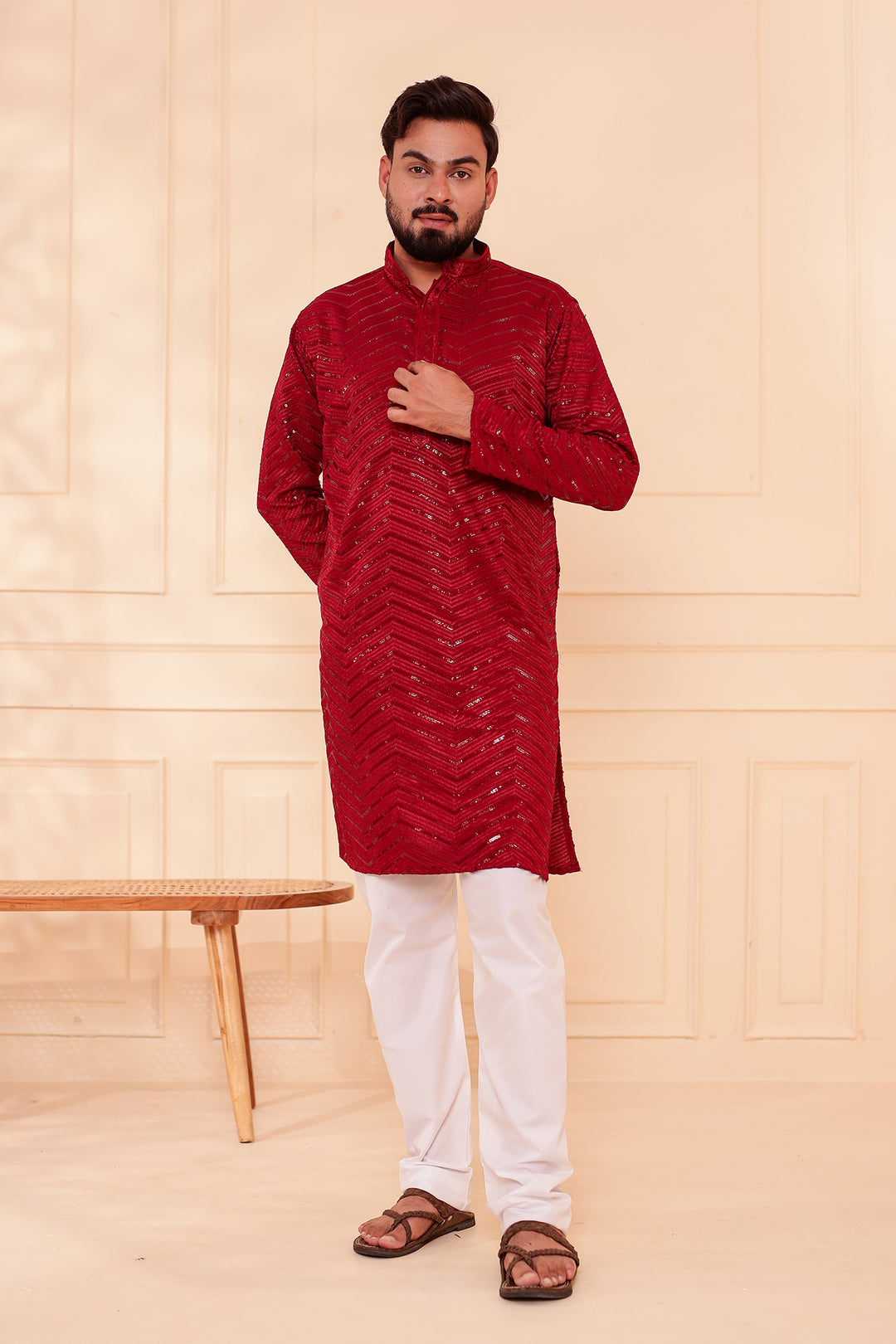 Maroon Soft Georgette Kurta Suit with Self Thread and Sequin work all over.