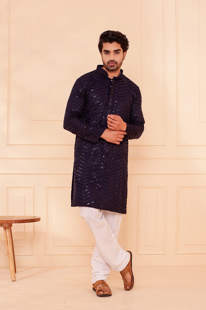 Navy Blue Soft Georgette Kurta Suit with Self Thread and Sequin work all over.