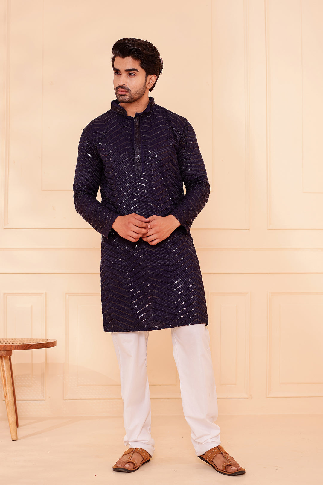 Navy Blue Soft Georgette Kurta Suit with Self Thread and Sequin work all over.
