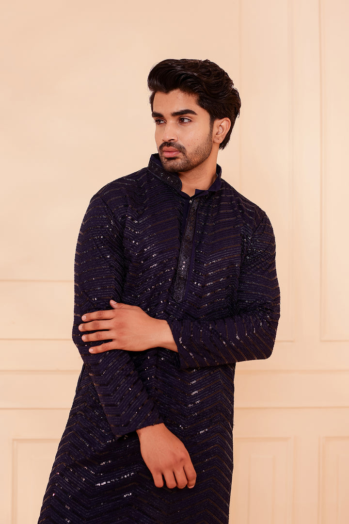 Navy Blue Soft Georgette Kurta Suit with Self Thread and Sequin work all over.