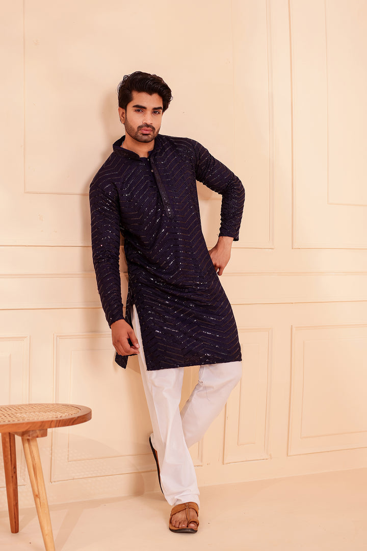 Navy Blue Soft Georgette Kurta Suit with Self Thread and Sequin work all over.