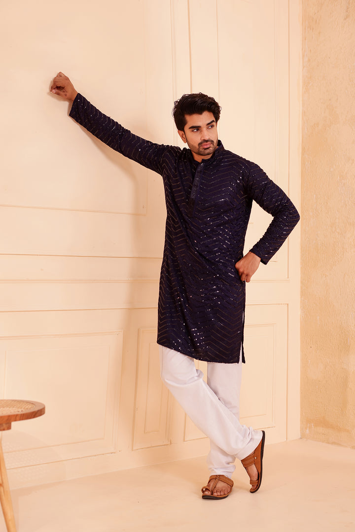 Navy Blue Soft Georgette Kurta Suit with Self Thread and Sequin work all over.