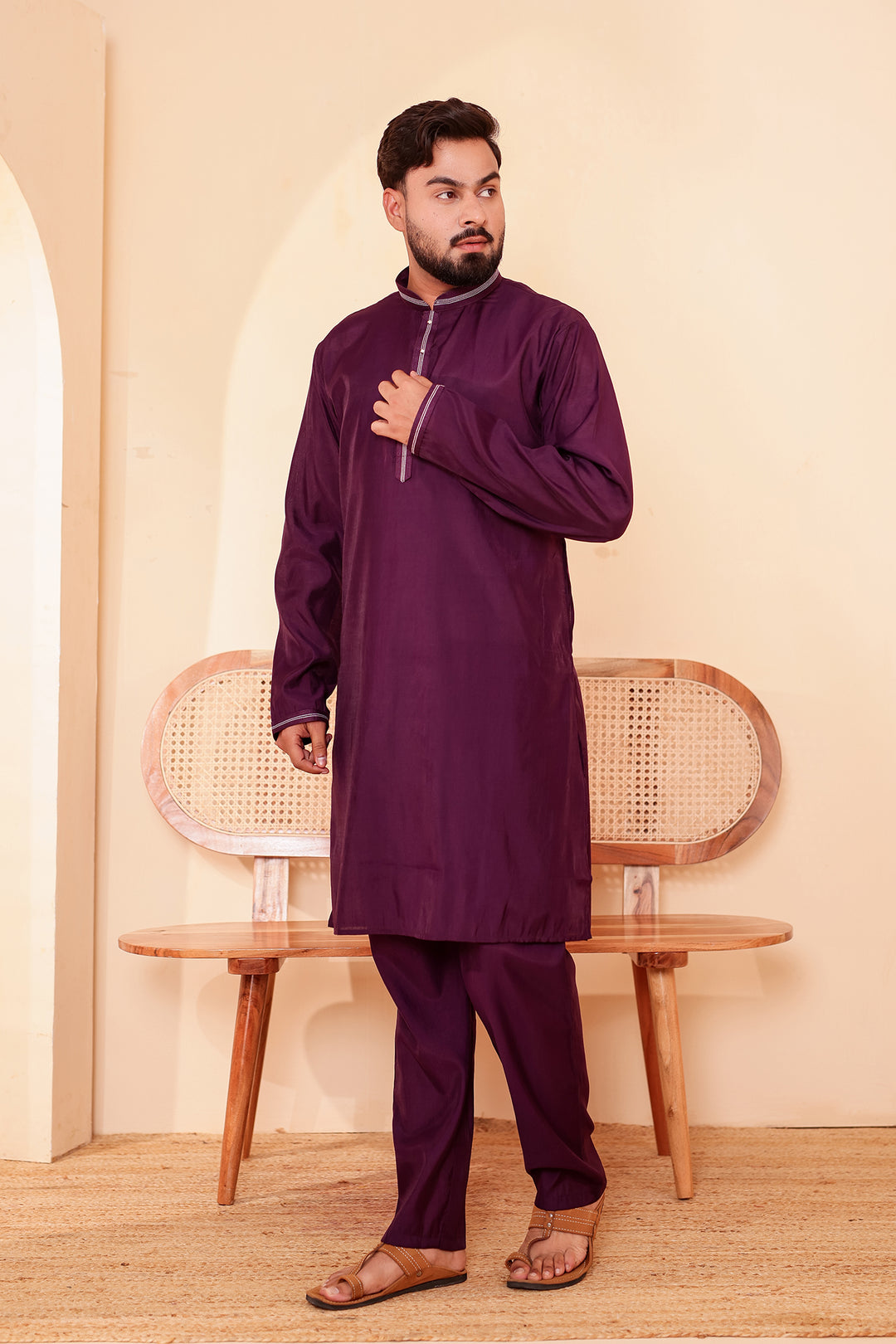 Wine Soft Silk Plain Kurta Suit with Trouser