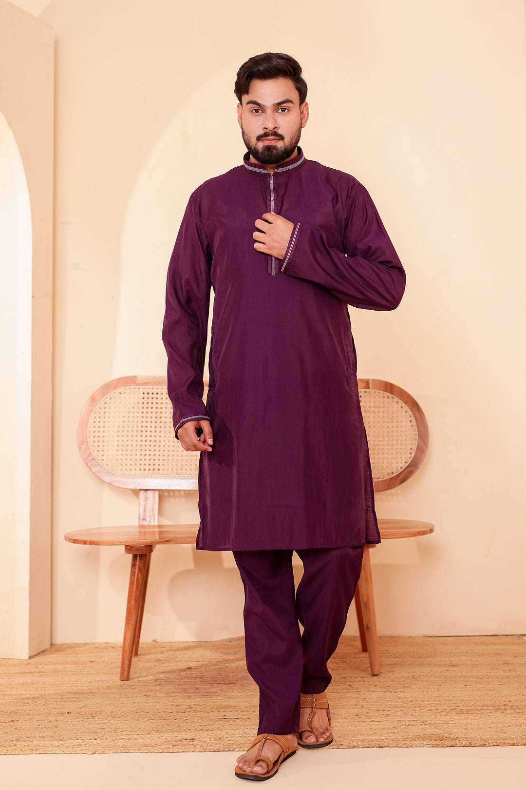 Wine Soft Silk Plain Kurta Suit with Trouser