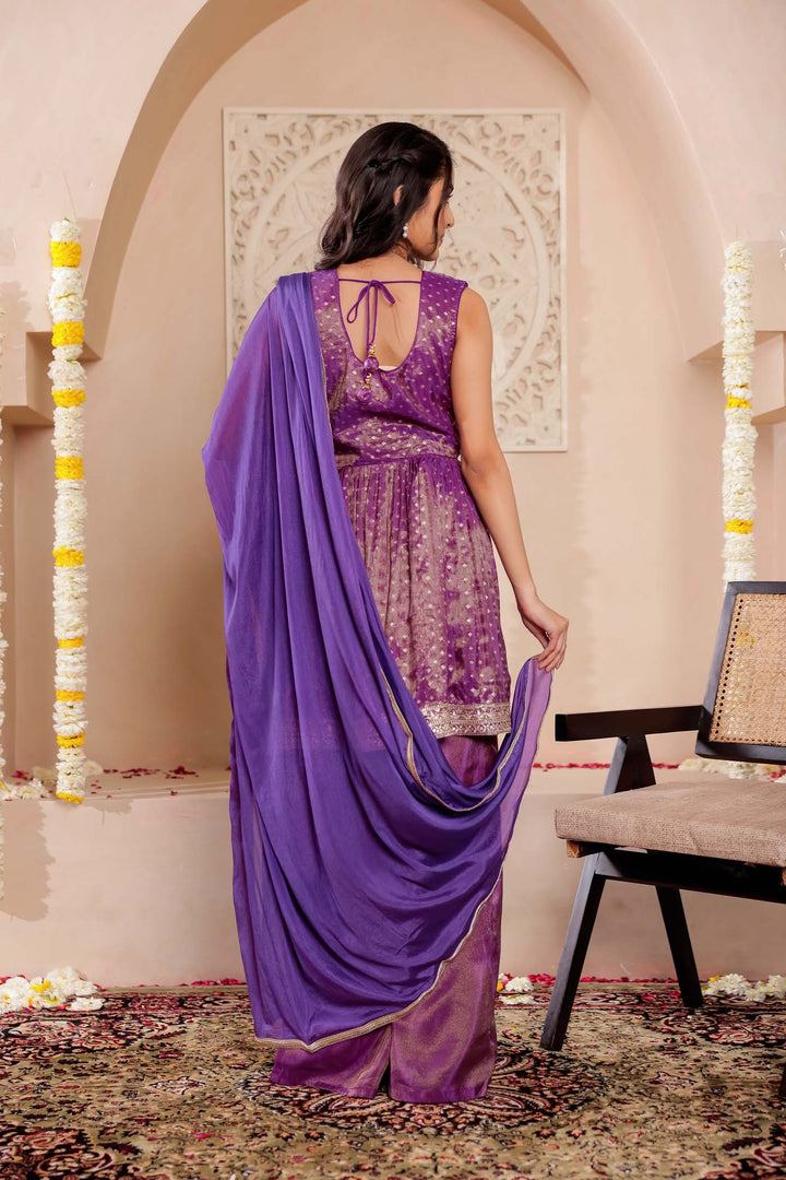 Purple Soft Tissue Butti Palazzo Suit.