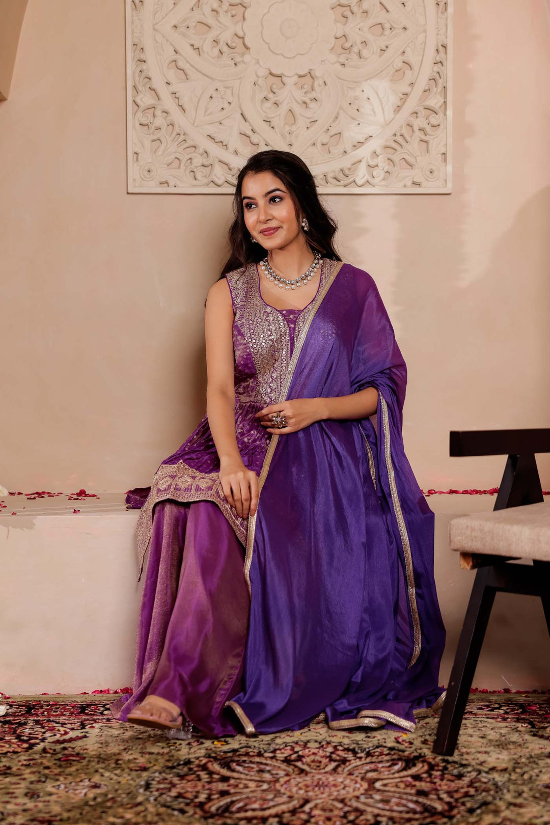 Purple Soft Tissue Butti Palazzo Suit.