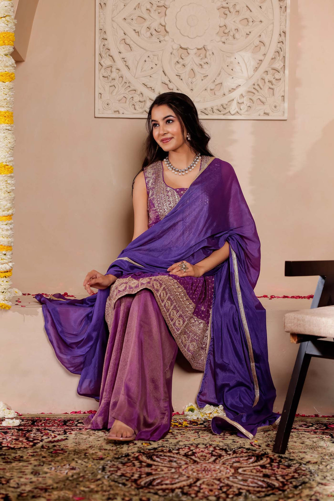 Purple Soft Tissue Butti Palazzo Suit.