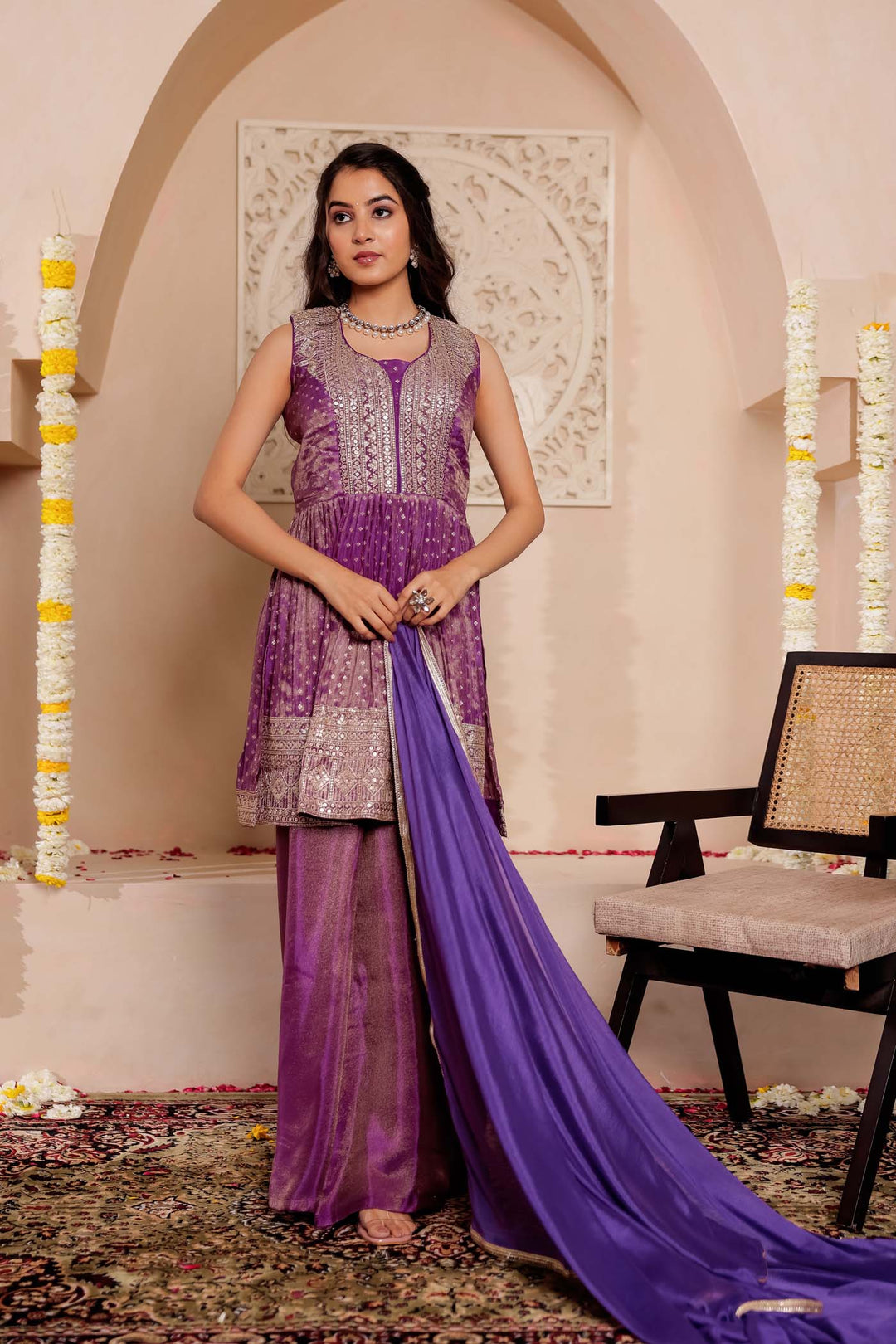 Purple Soft Tissue Butti Palazzo Suit.