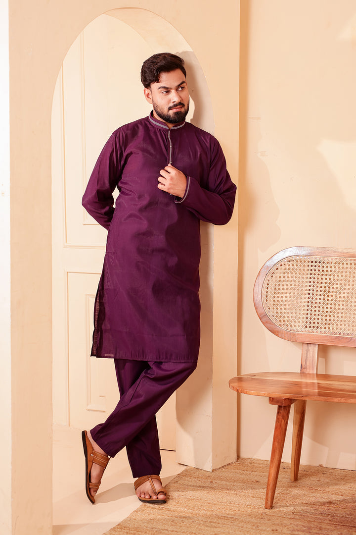 Wine Soft Silk Plain Kurta Suit with Trouser