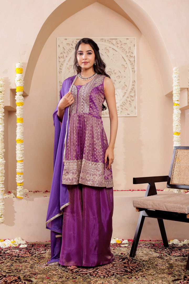 Purple Soft Tissue Butti Palazzo Suit.