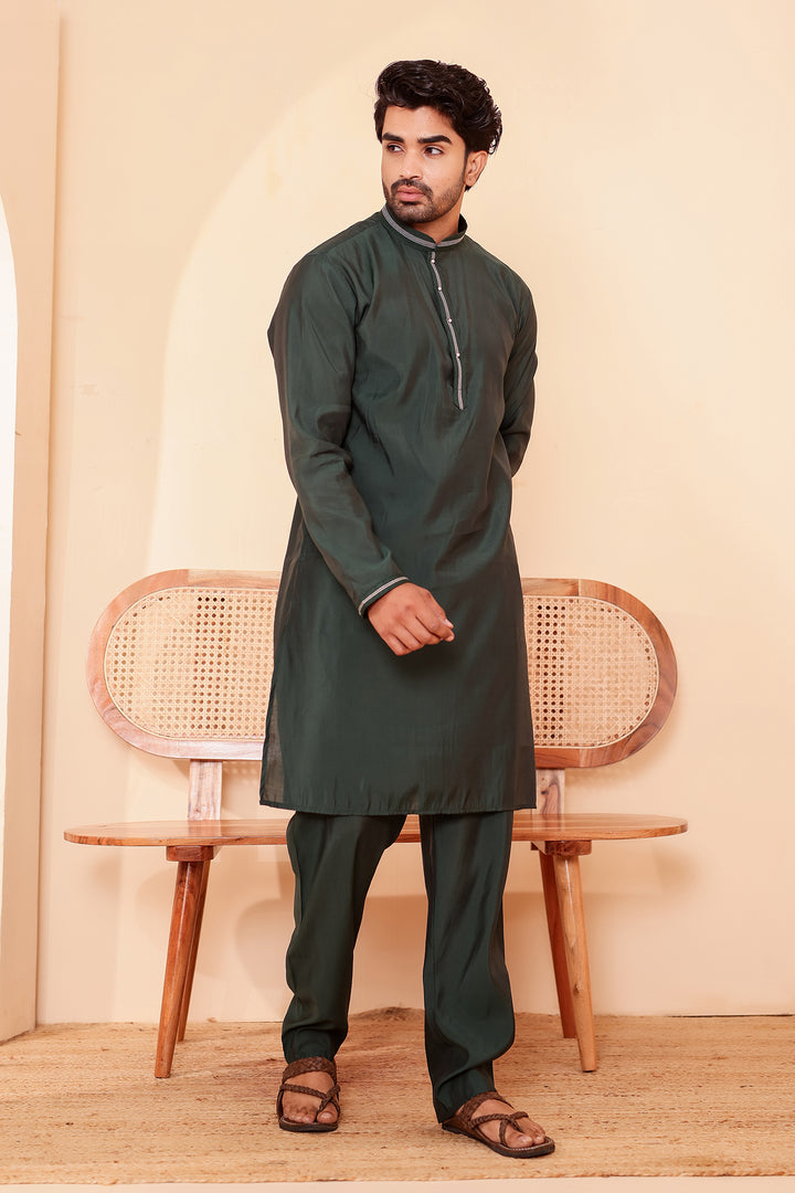 Bottle Green Soft Silk Plain Kurta Suit with Trouser