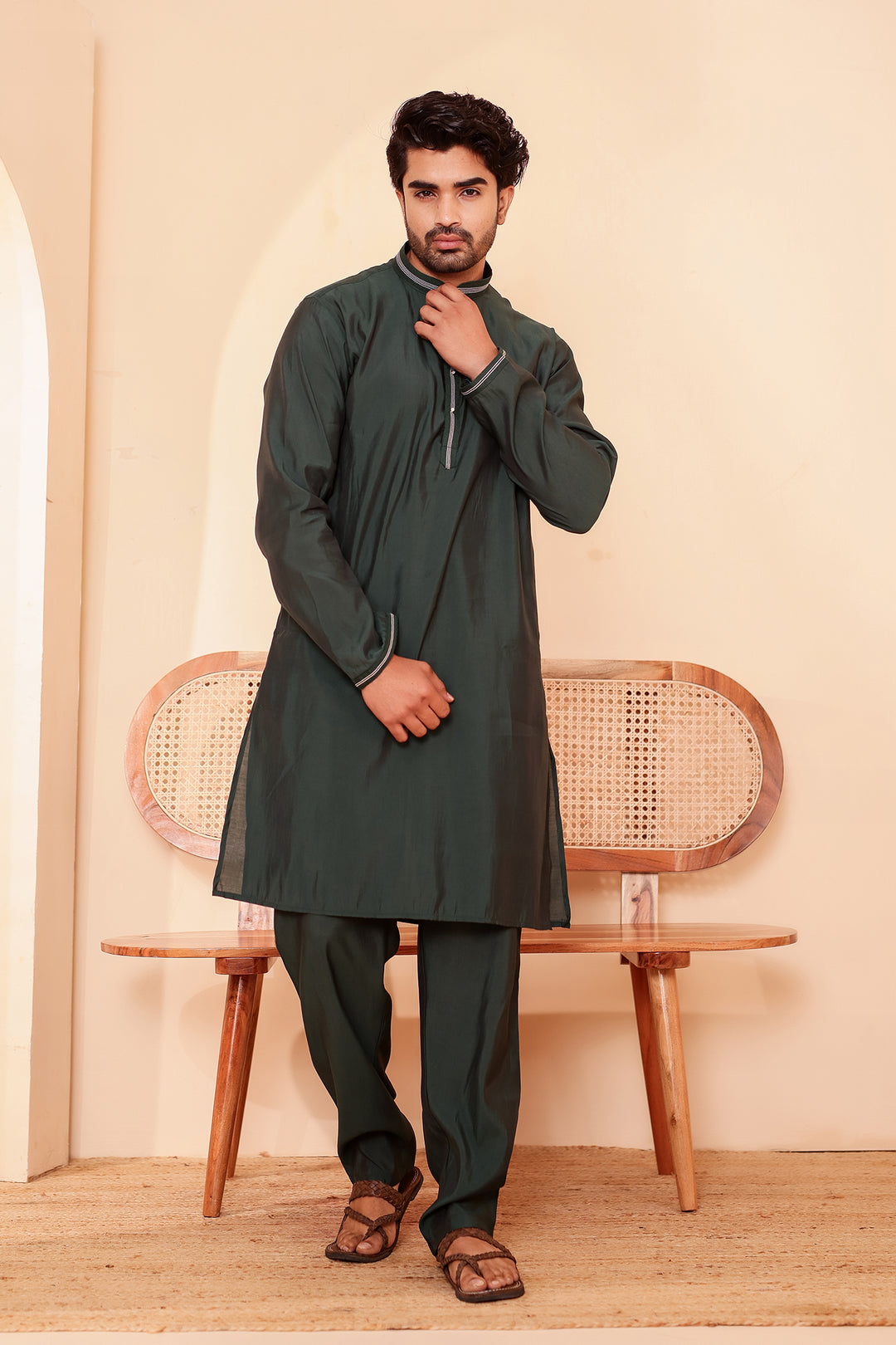 Bottle Green Soft Silk Plain Kurta Suit with Trouser