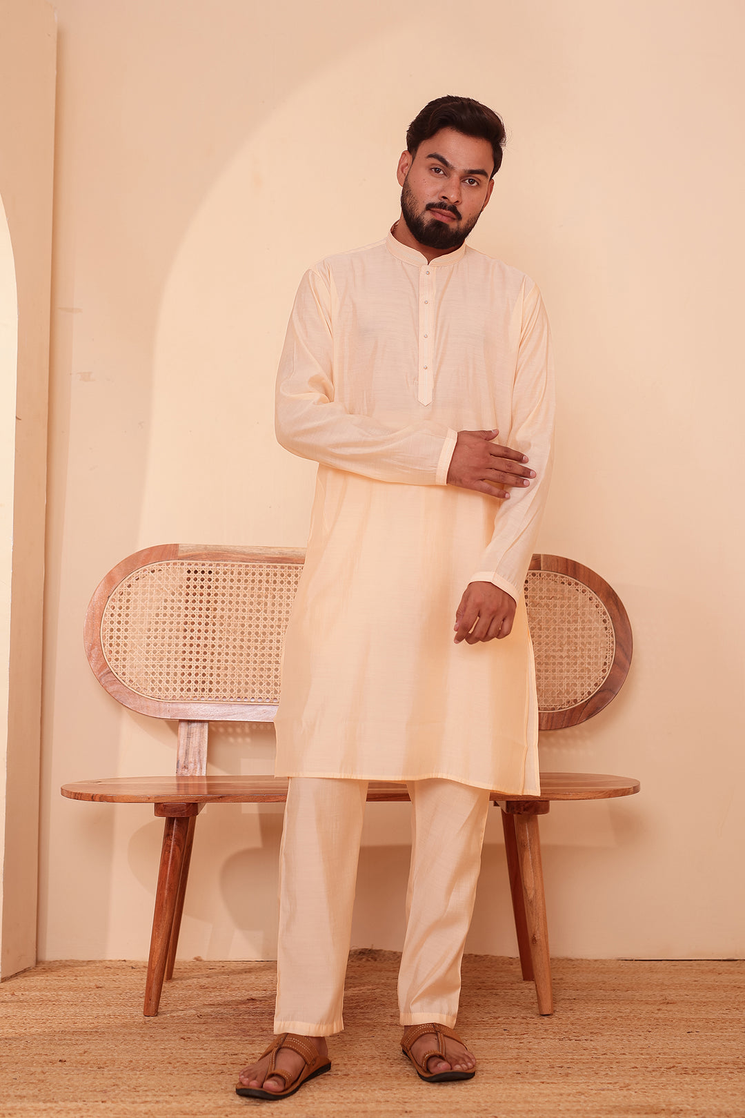 Light Peach Soft Silk Plain Kurta Suit with Trouser.