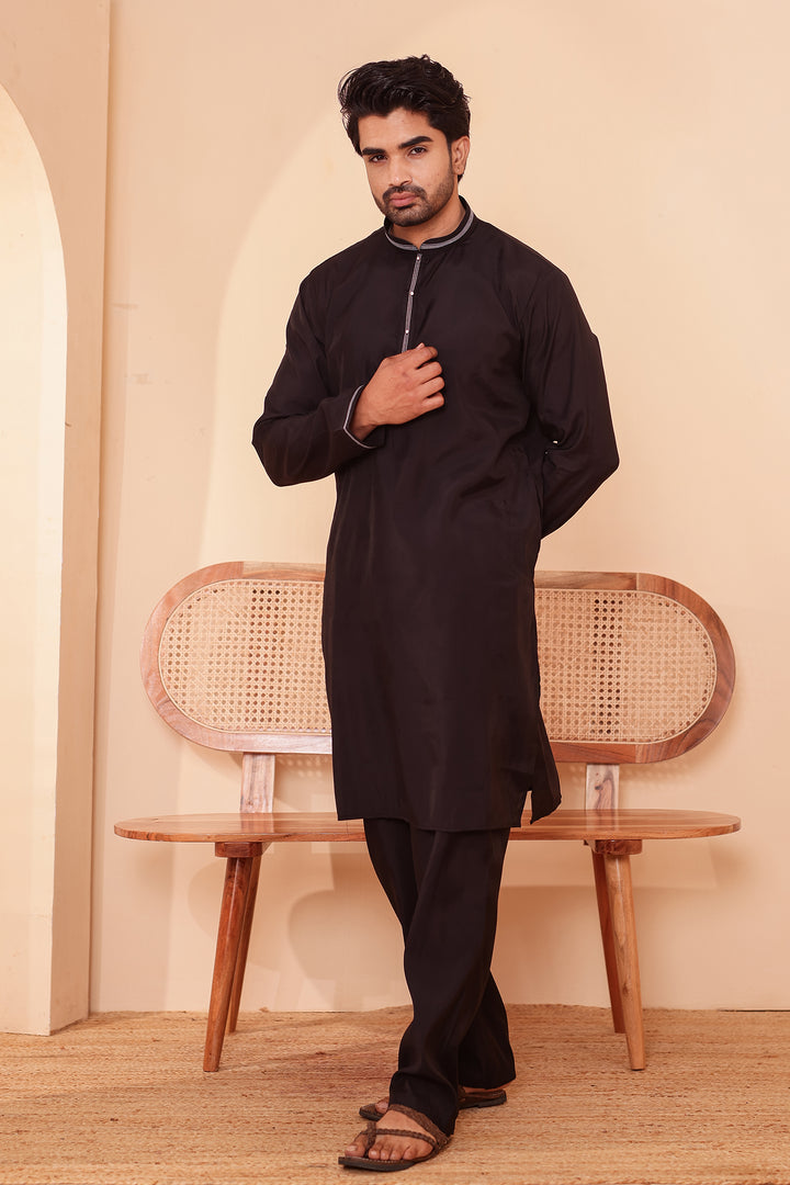 Black Soft Silk Plain Kurta Suit with Trouser.