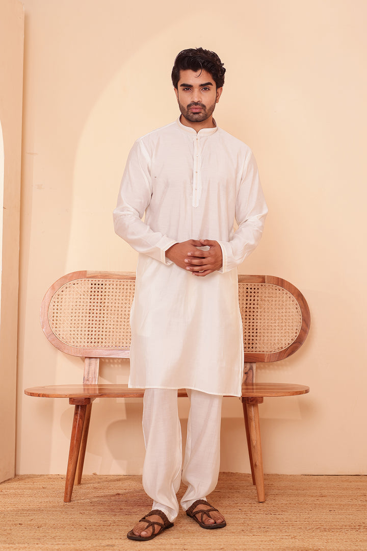 Cream Soft Silk Plain Kurta Suit with Trouser.