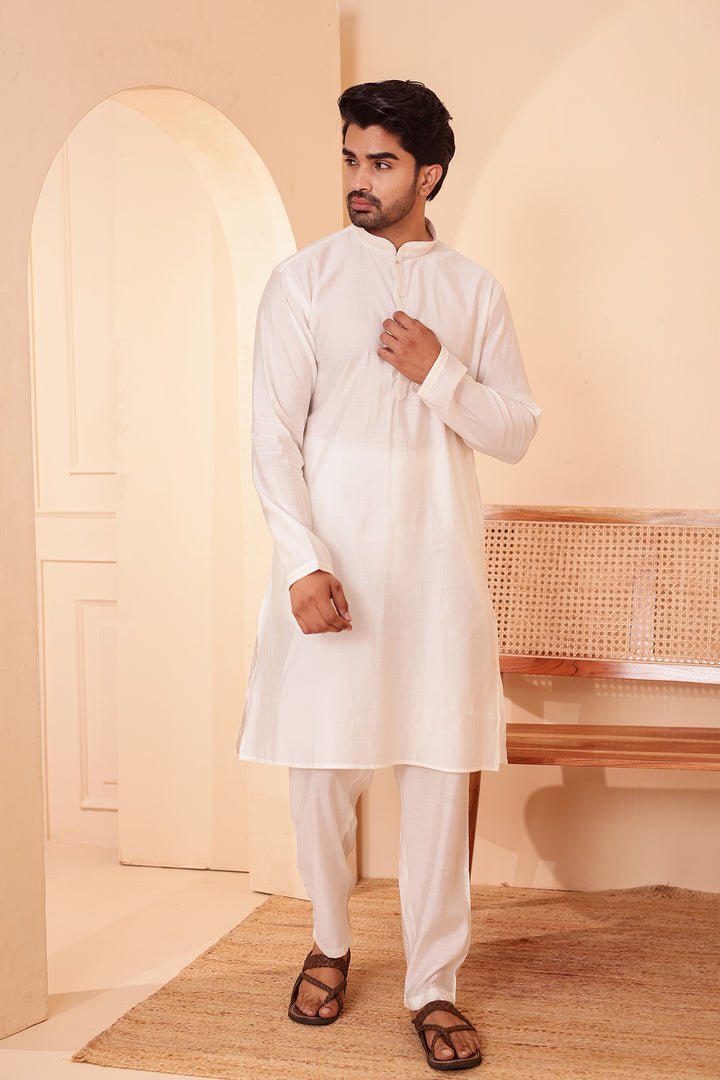 Cream Soft Silk Plain Kurta Suit with Trouser.
