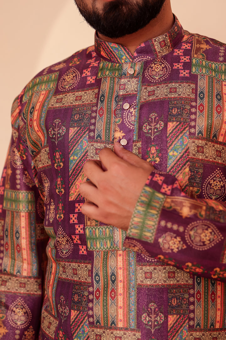 Purple Multi Colour Silk Kurta Suit.