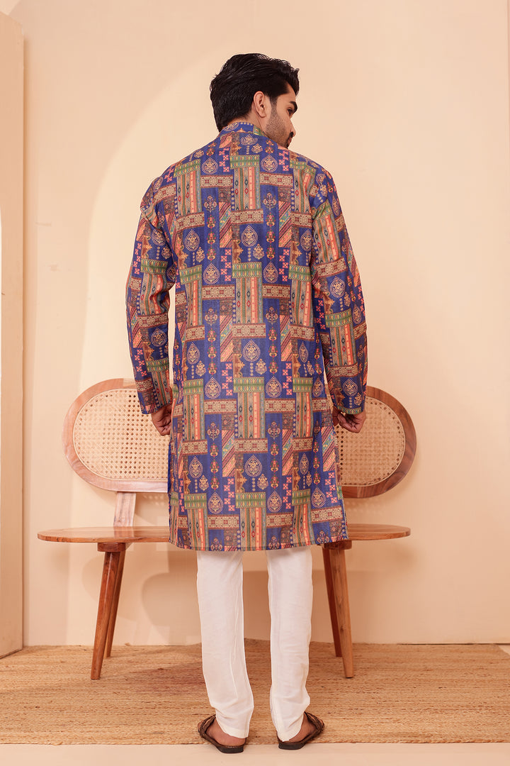 Blue Multi Colour Silk Kurta Suit.