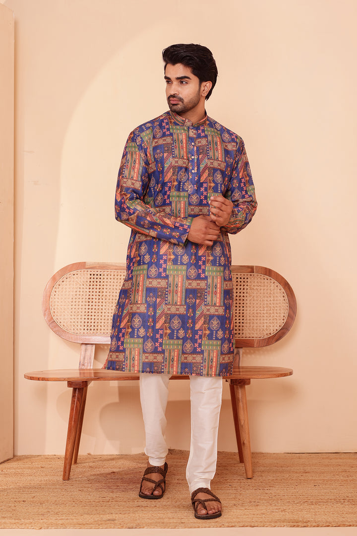 Blue Multi Colour Silk Kurta Suit.