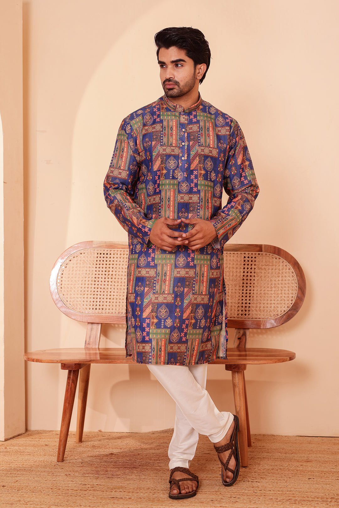 Blue Multi Colour Silk Kurta Suit.