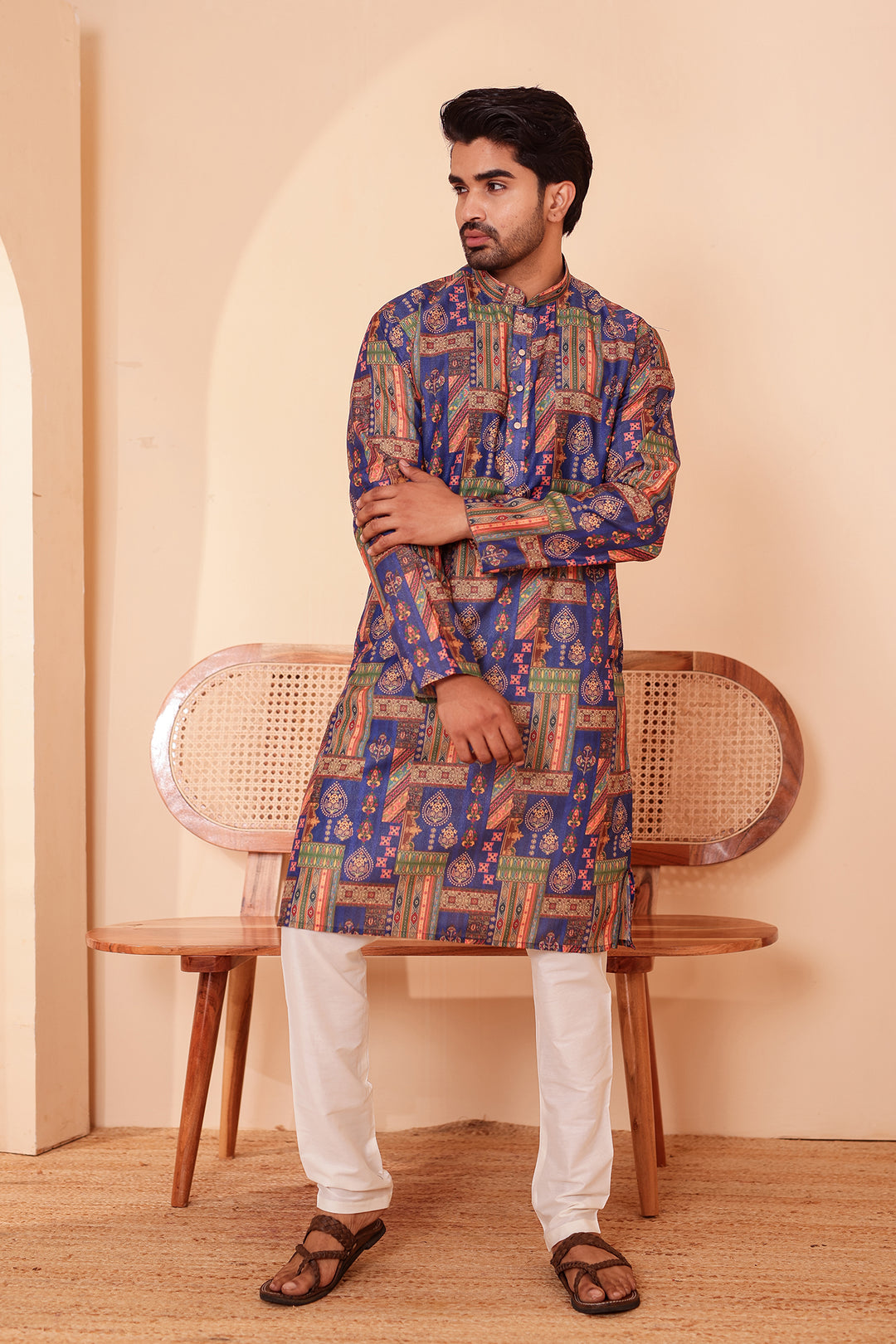 Blue Multi Colour Silk Kurta Suit.