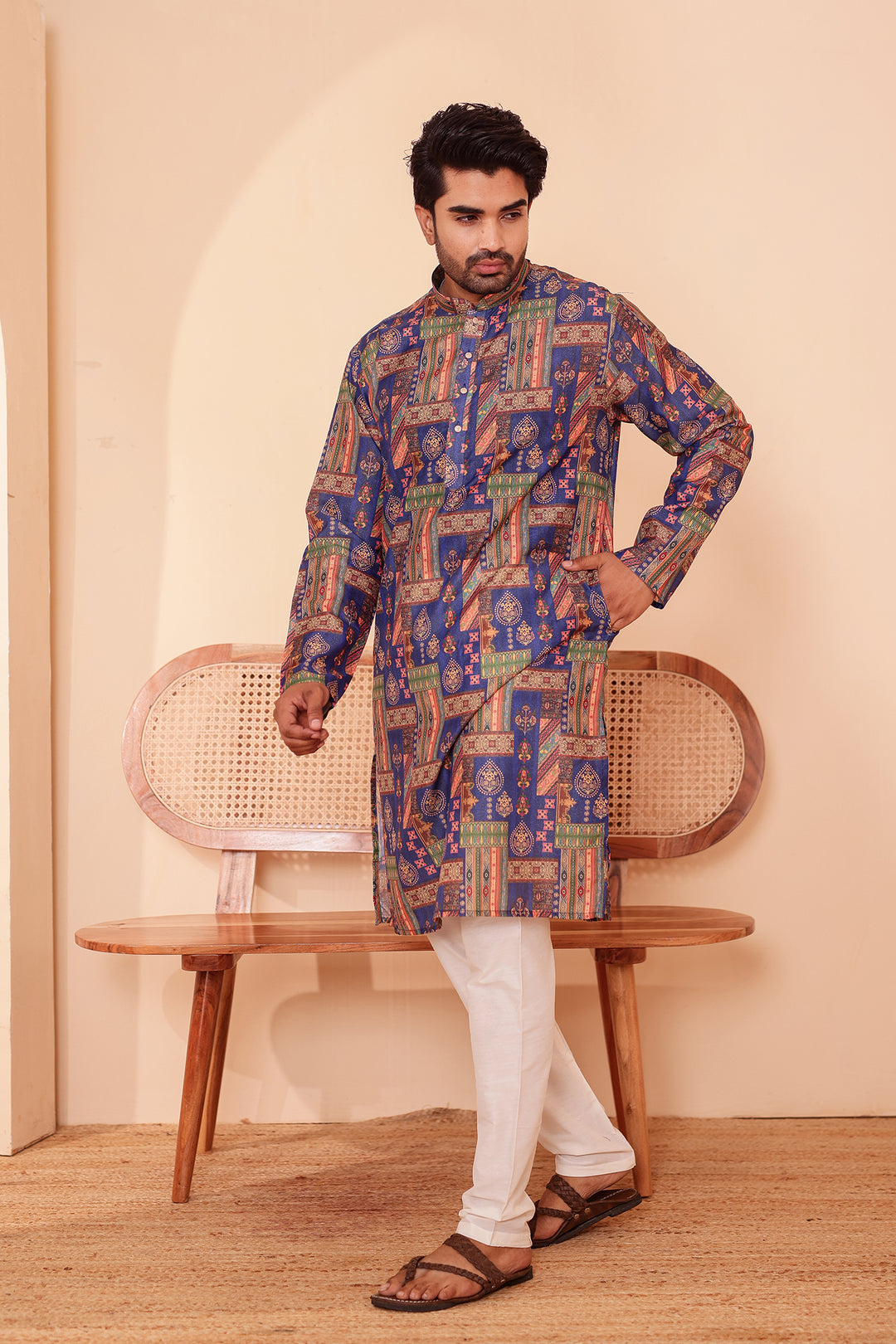Blue Multi Colour Silk Kurta Suit.