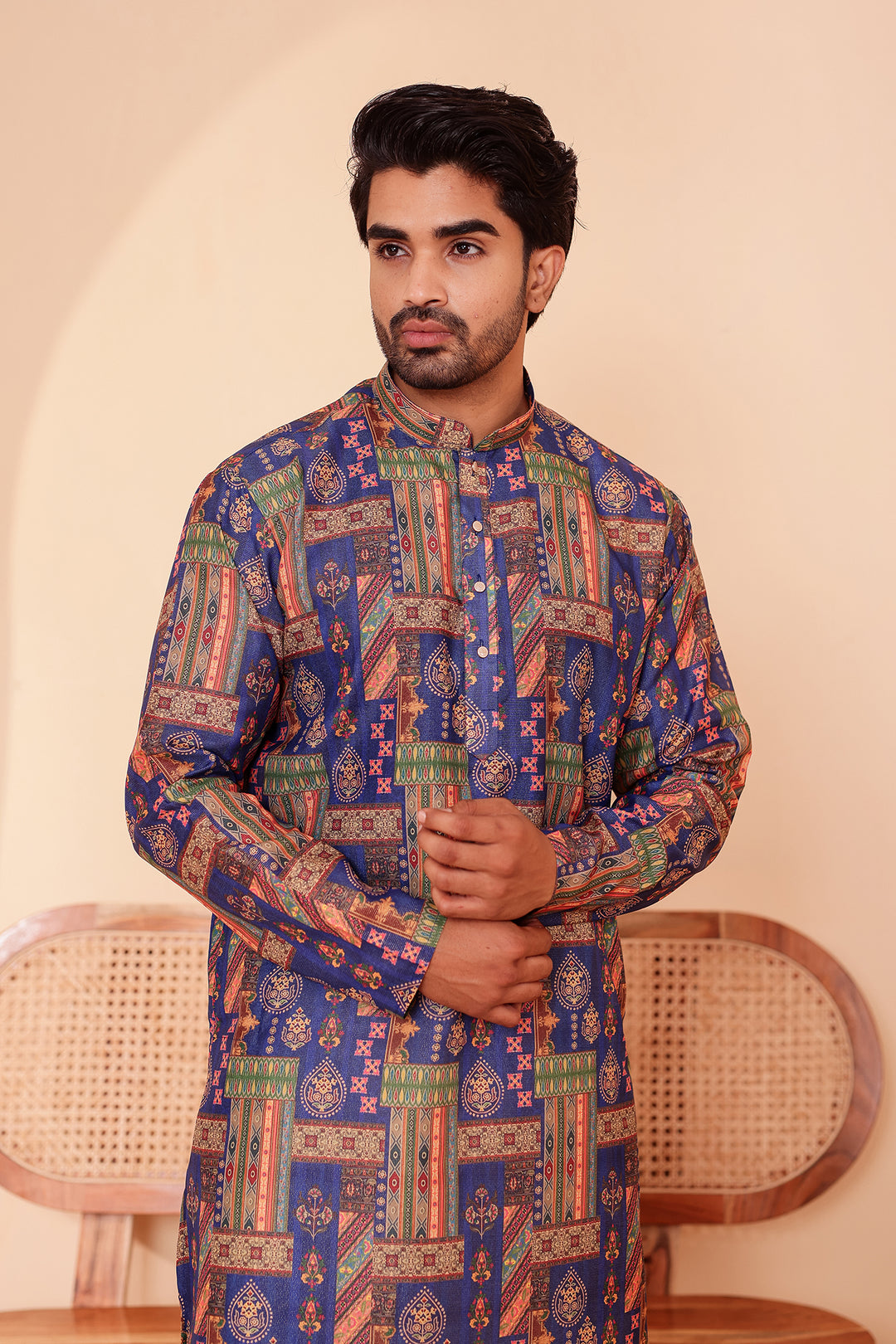 Blue Multi Colour Silk Kurta Suit.