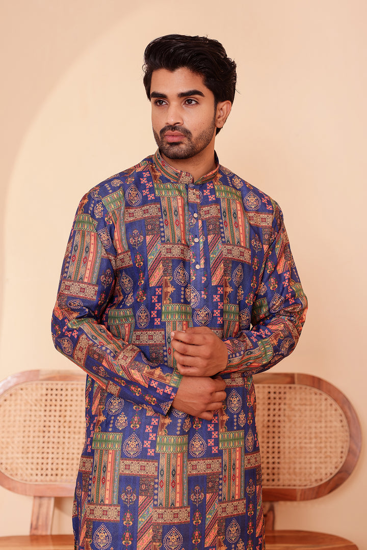 Blue Multi Colour Silk Kurta Suit.