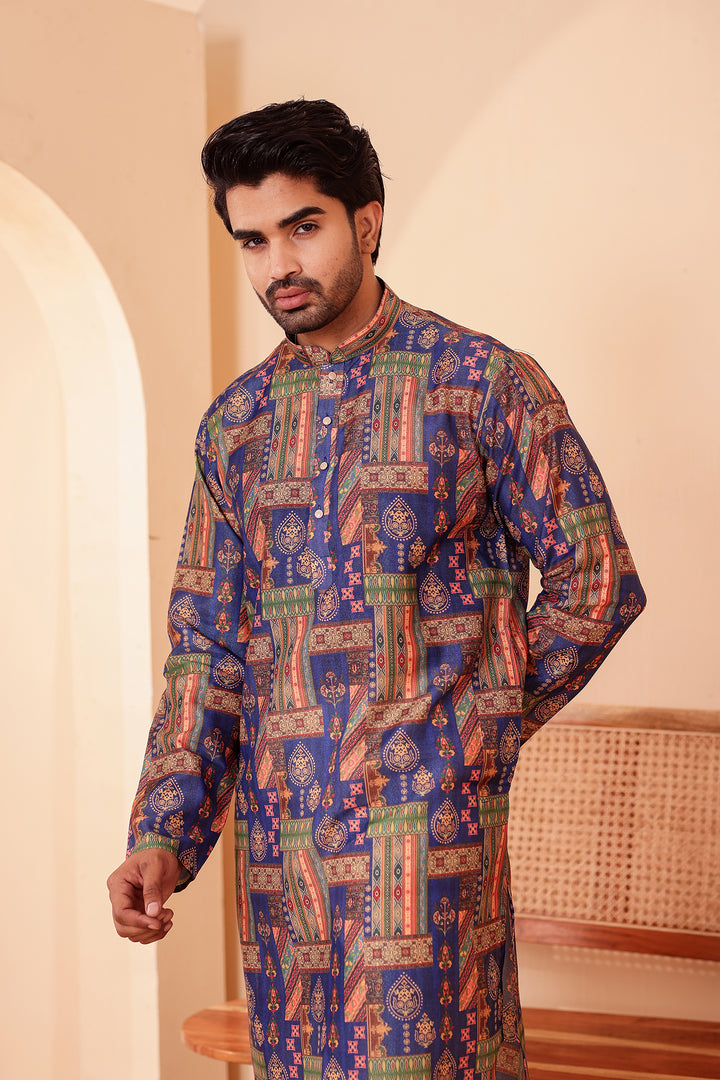 Blue Multi Colour Silk Kurta Suit.