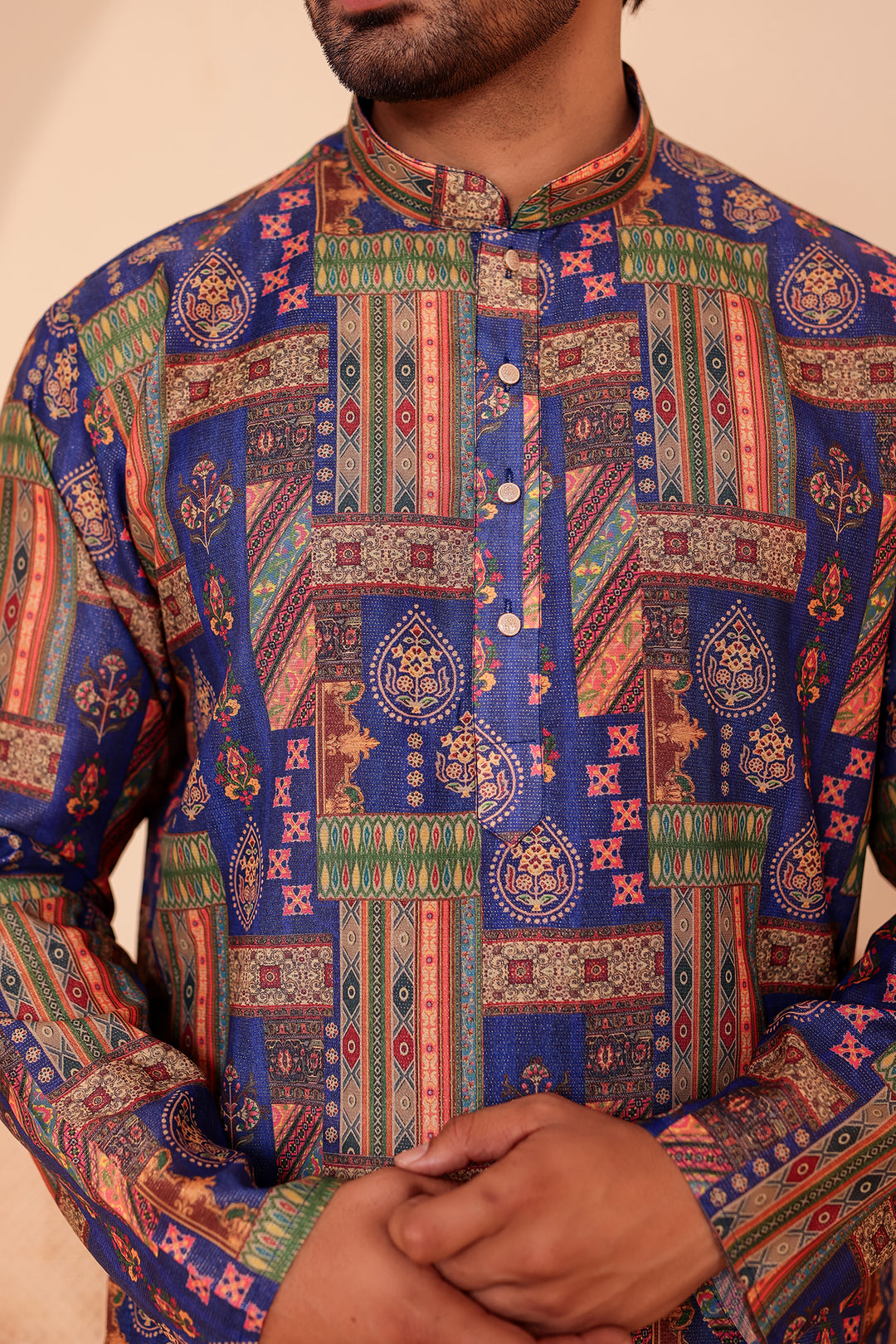 Blue Multi Colour Silk Kurta Suit.