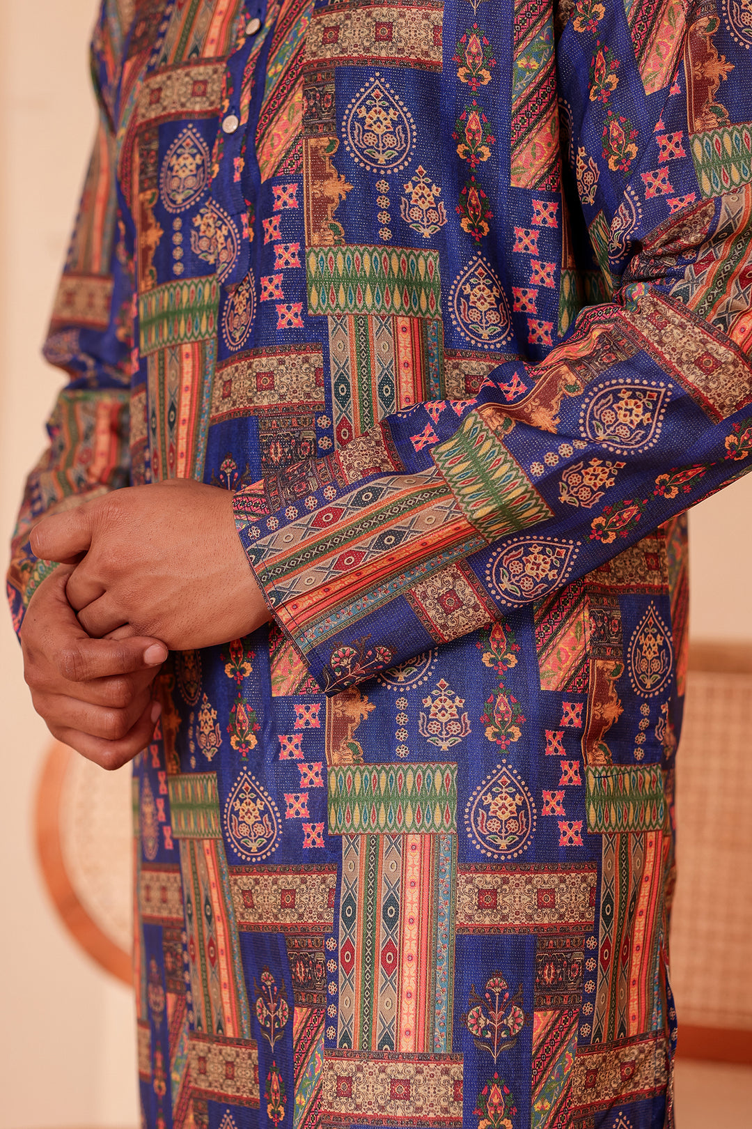 Blue Multi Colour Silk Kurta Suit.