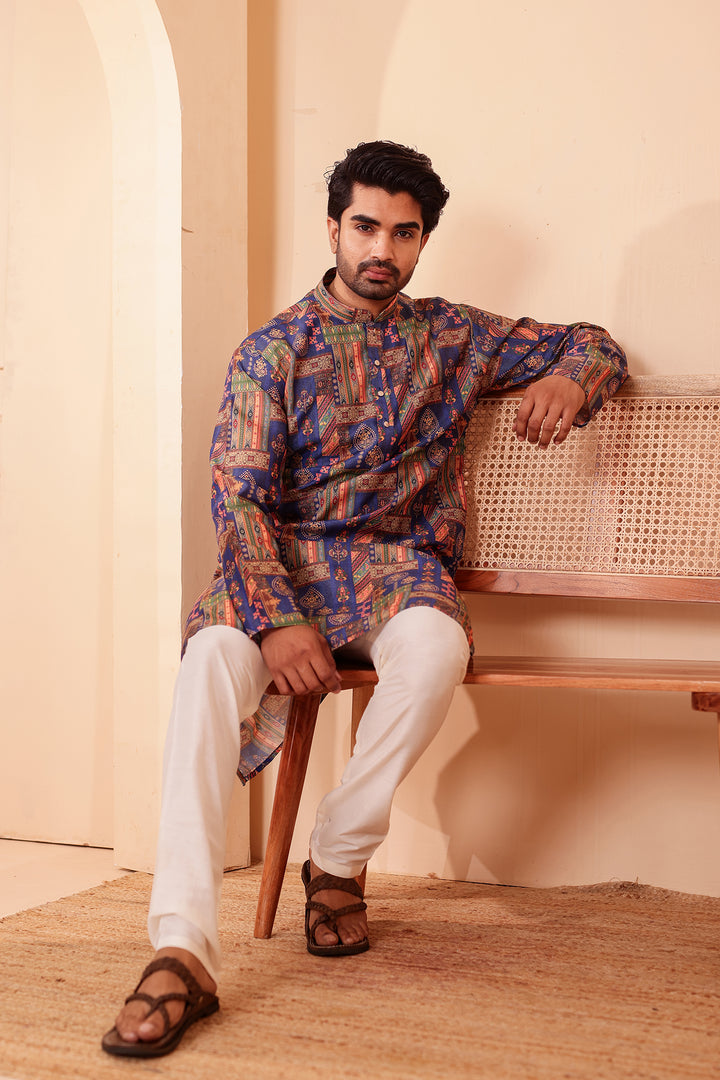 Blue Multi Colour Silk Kurta Suit.
