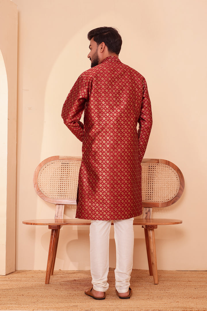 Maroon Brocade Silk Kurta Suit with Gold Zari Weave.