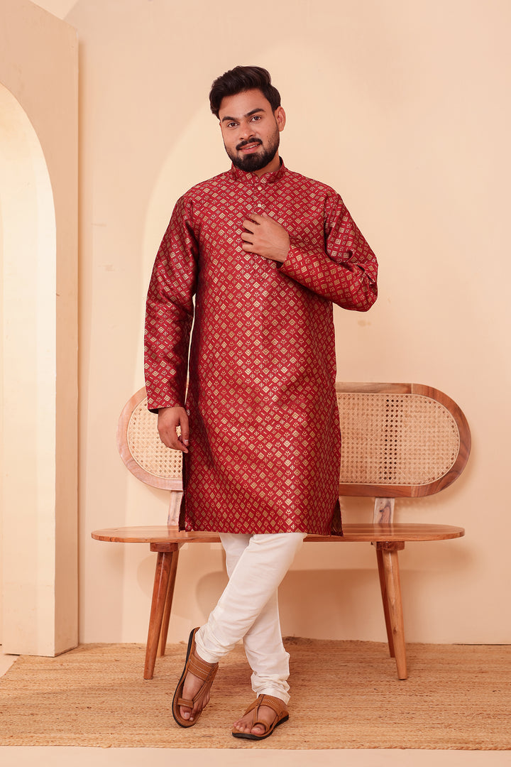 Maroon Brocade Silk Kurta Suit with Gold Zari Weave.