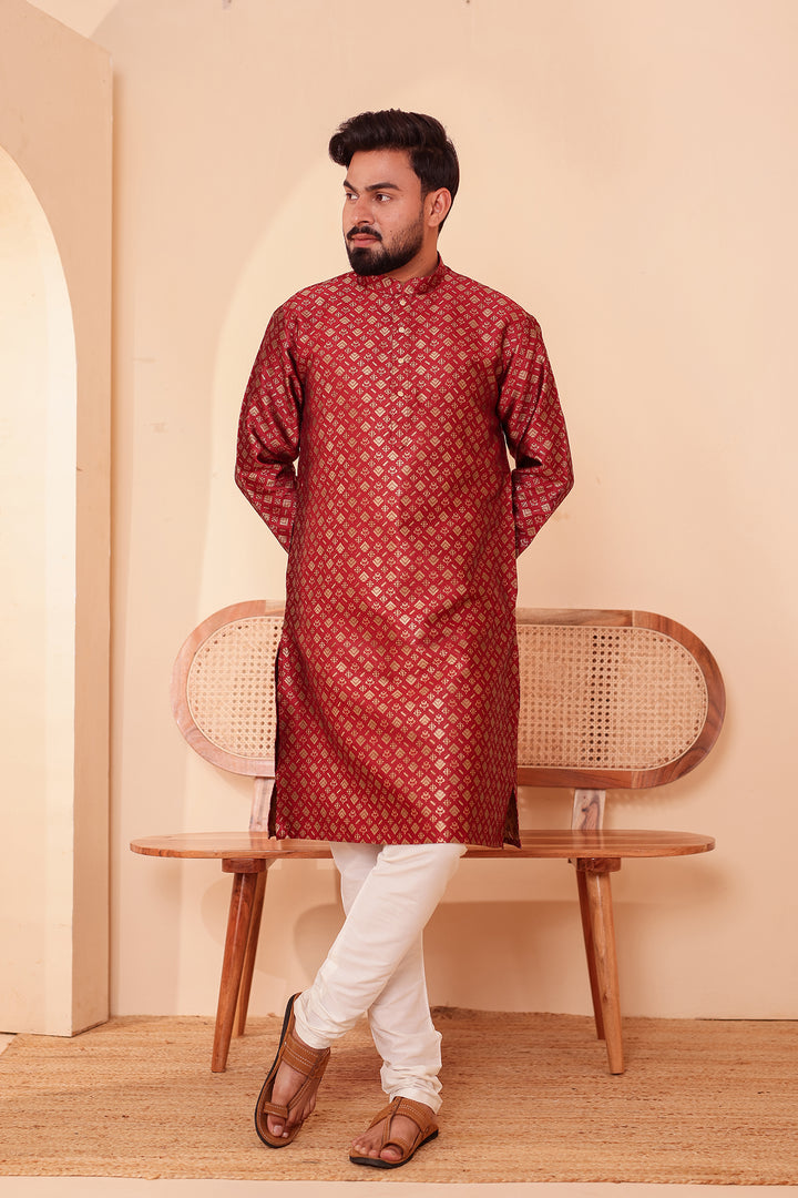 Maroon Brocade Silk Kurta Suit with Gold Zari Weave.