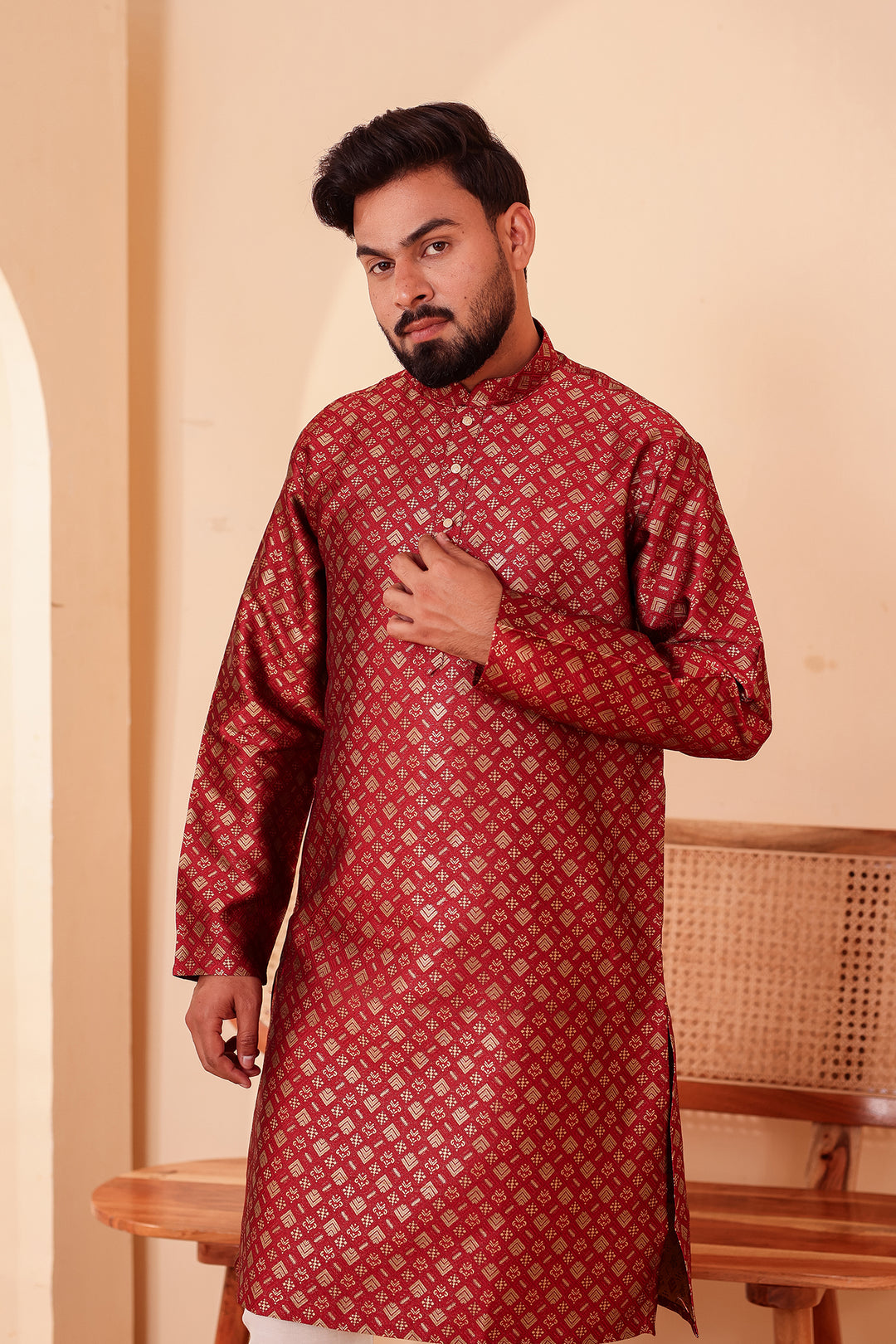 Maroon Brocade Silk Kurta Suit with Gold Zari Weave.