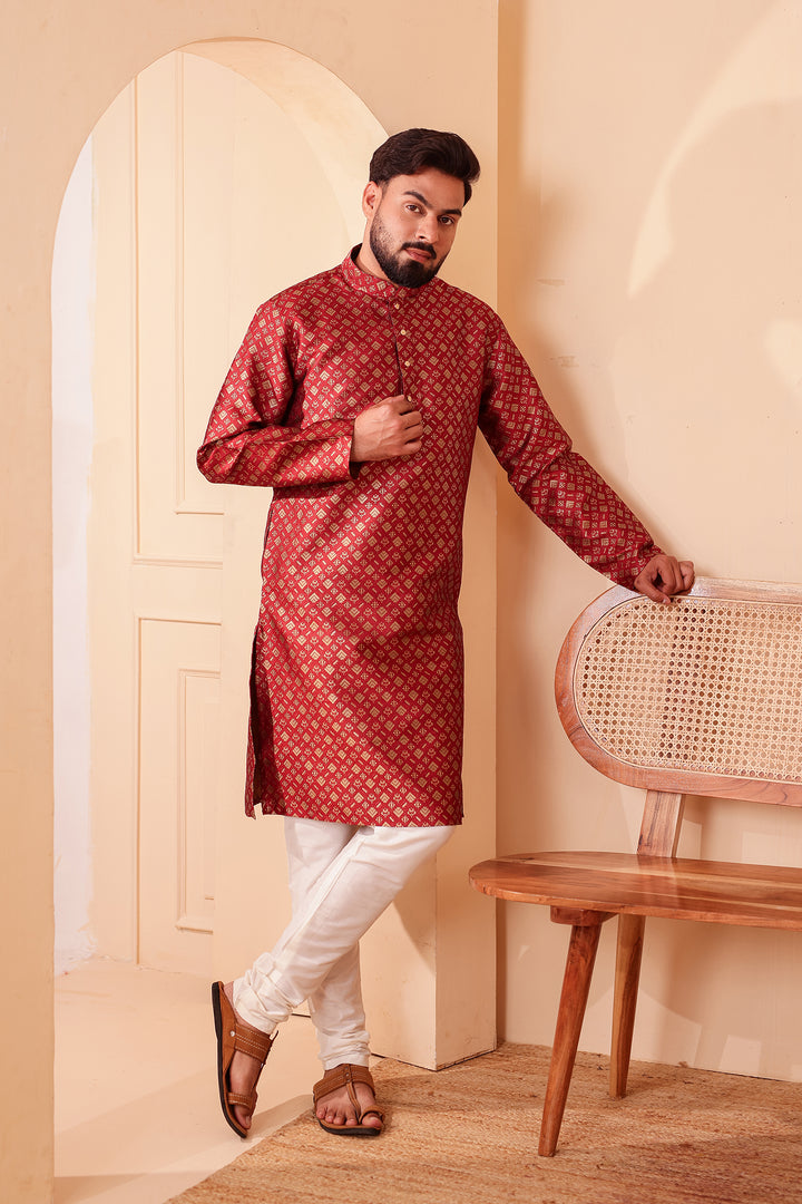 Maroon Brocade Silk Kurta Suit with Gold Zari Weave.