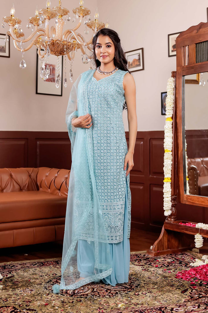 Light Blue Net Embroidery Palazzo Suit