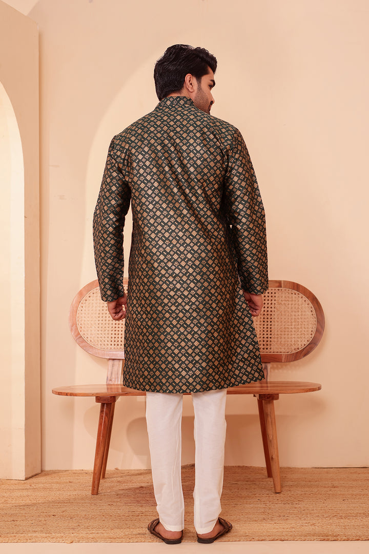 Green Brocade Silk Kurta Suit with Gold Zari Weave.