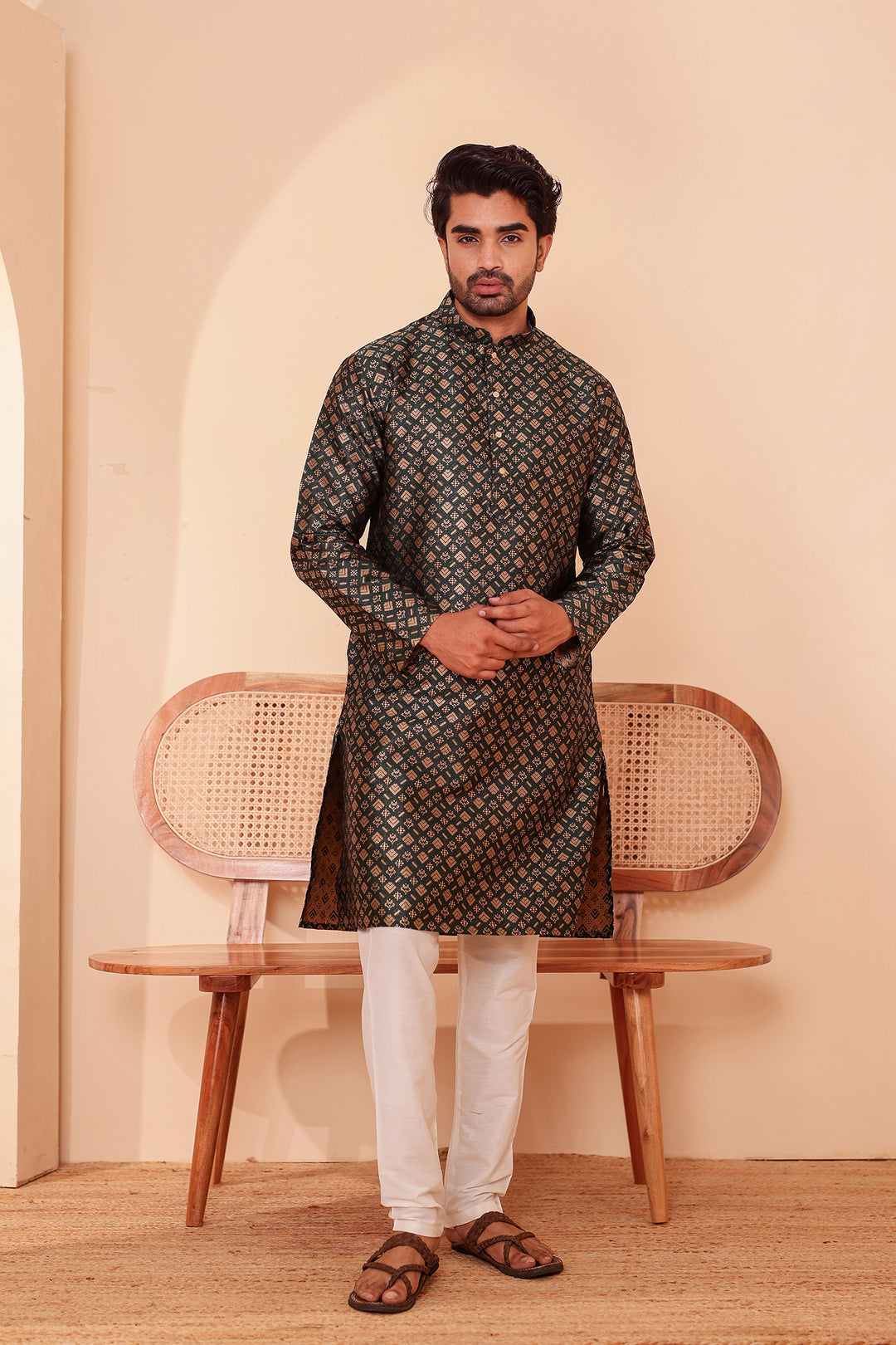 Green Brocade Silk Kurta Suit with Gold Zari Weave.