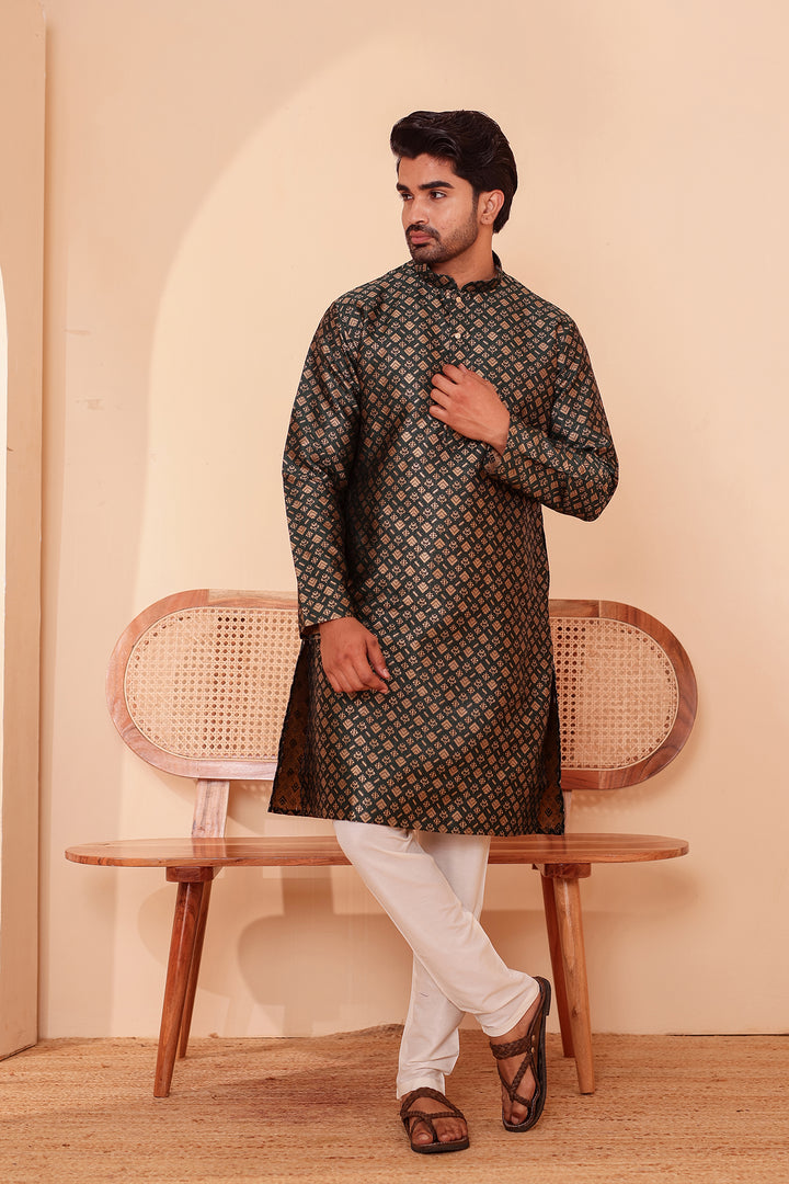Green Brocade Silk Kurta Suit with Gold Zari Weave.