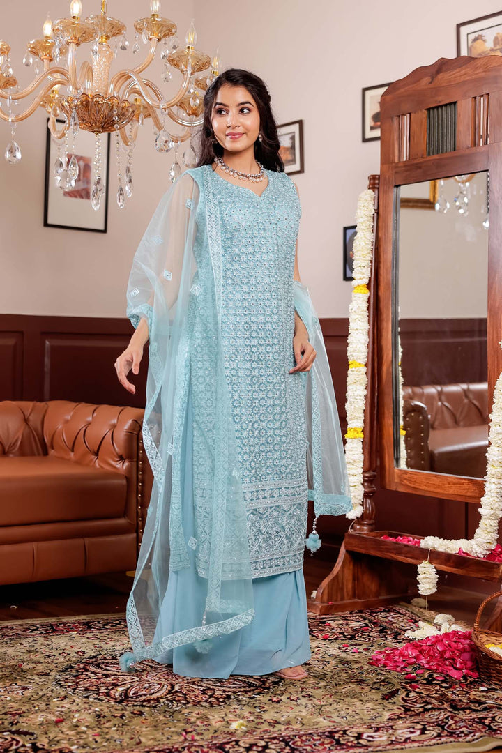 Light Blue Net Embroidery Palazzo Suit