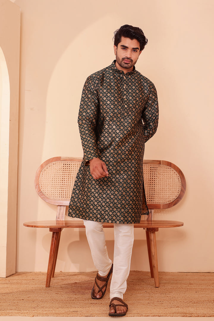 Green Brocade Silk Kurta Suit with Gold Zari Weave.