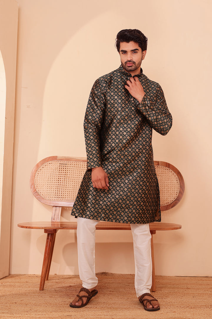 Green Brocade Silk Kurta Suit with Gold Zari Weave.