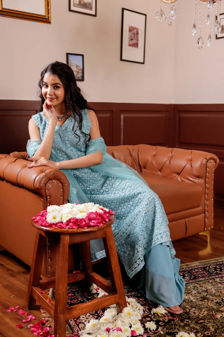 Light Blue Net Embroidery Palazzo Suit