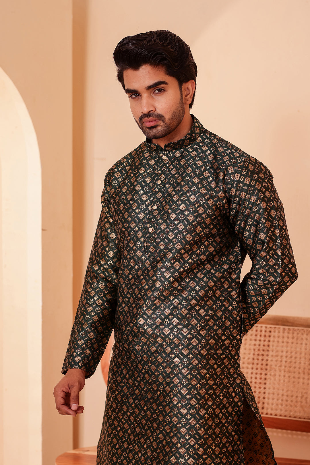 Green Brocade Silk Kurta Suit with Gold Zari Weave.